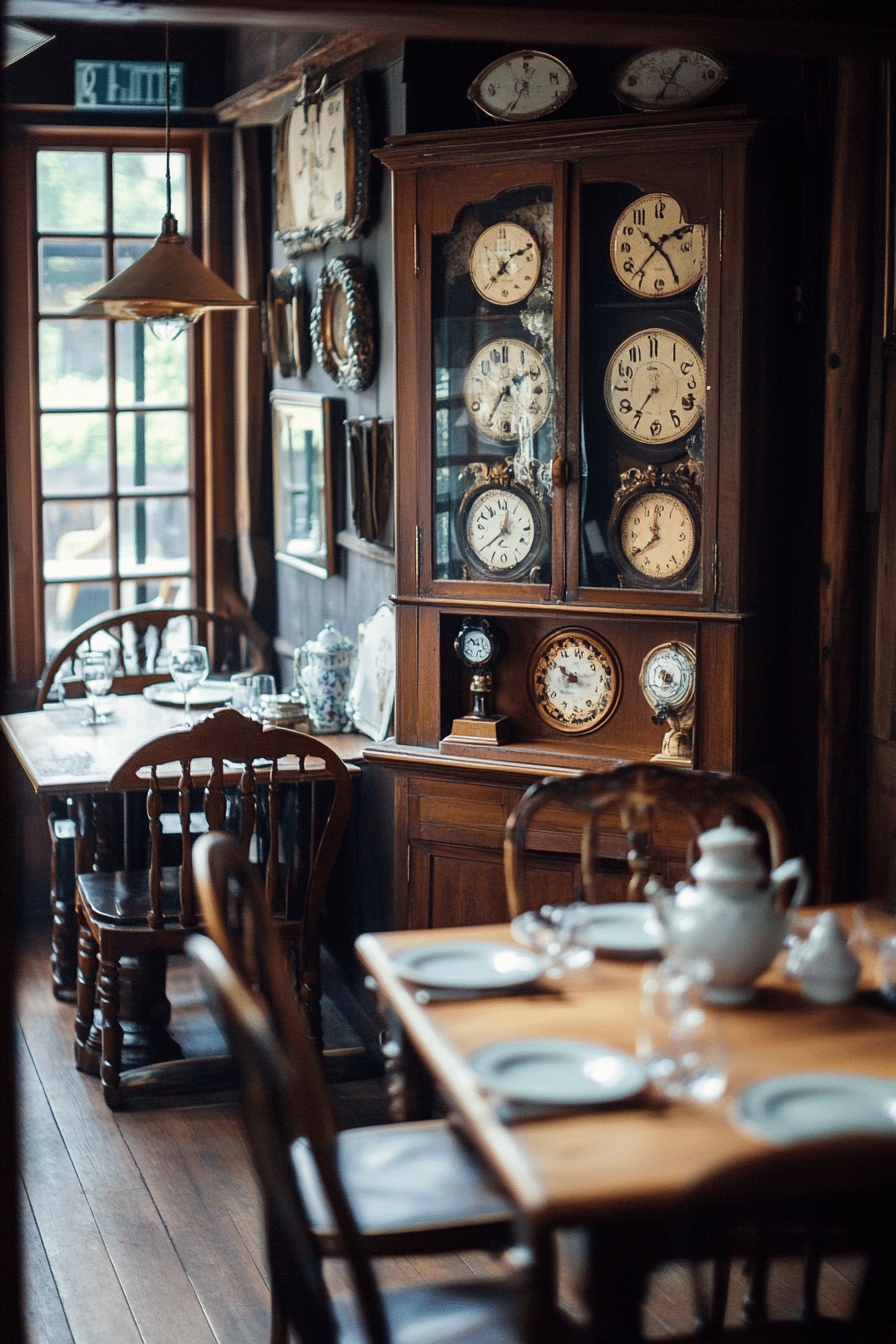 Ein Esszimmer im Vintage-Stil mit alten Uhren und Holzmöbeln.