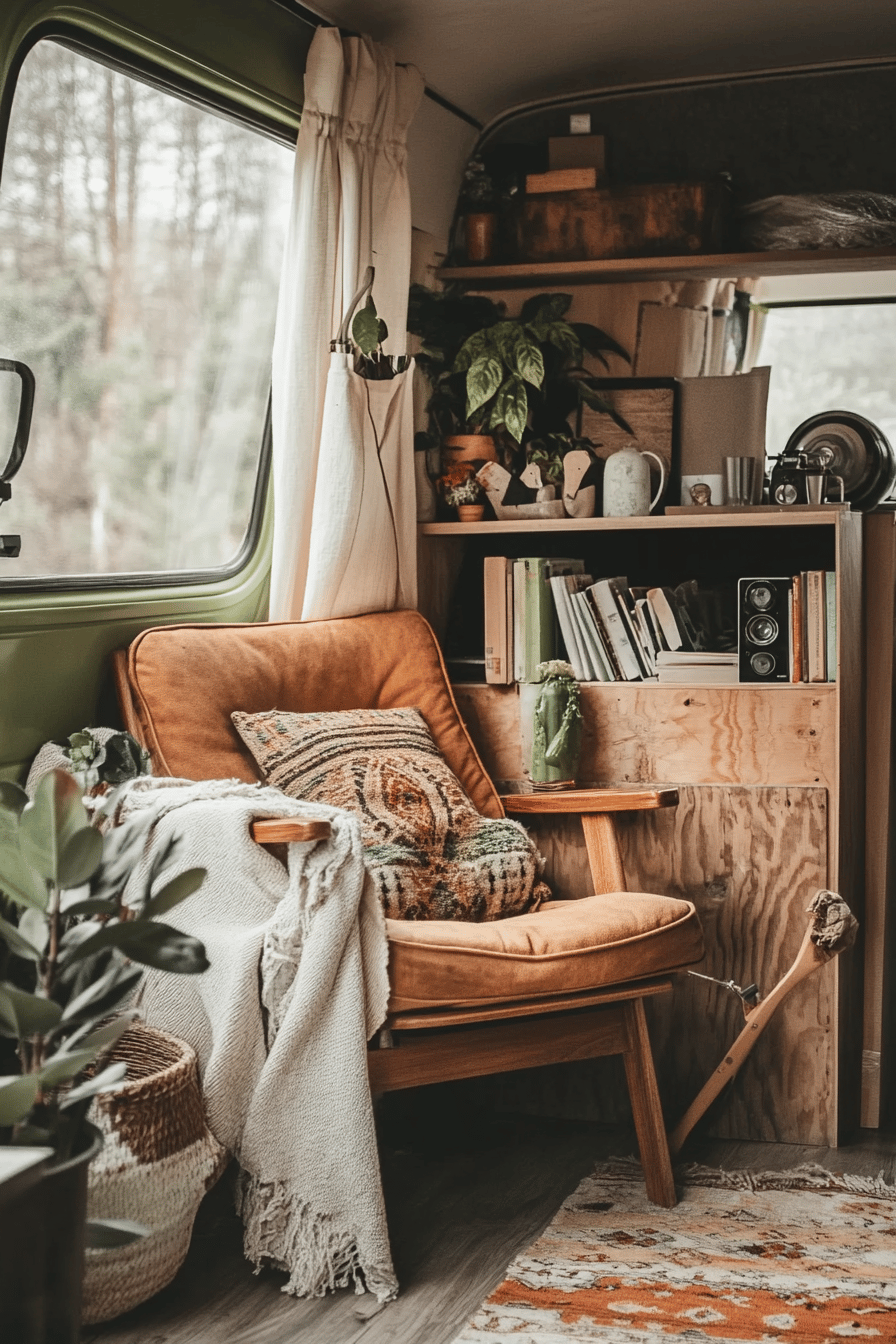 Eine gemütliche Ecke mit einem orangefarbenen Sessel, Holzmöbeln, Pflanzen und Büchern im Vintage-Stil.