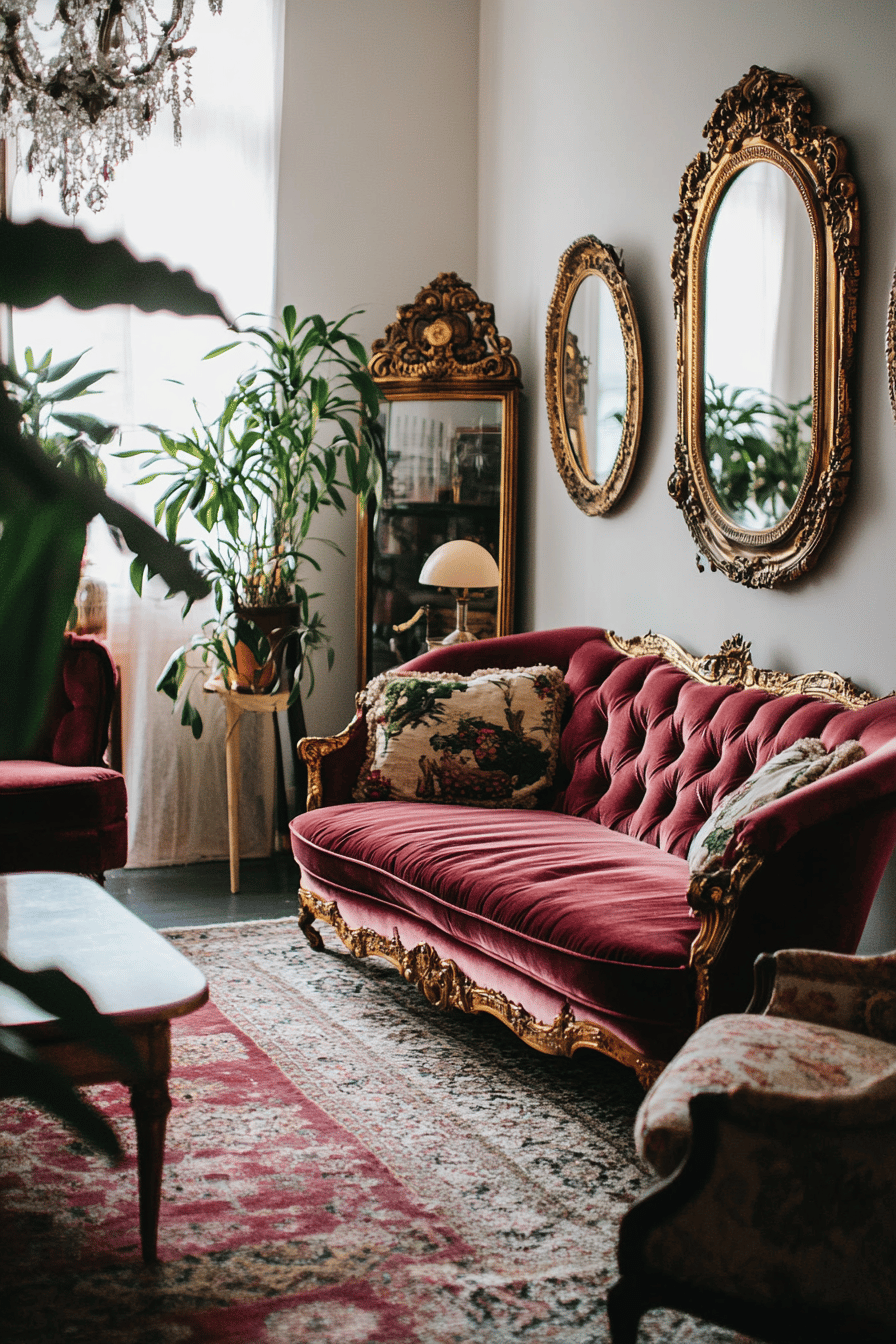 Ein Wohnzimmer mit vintage Sofa, goldenen Spiegeln und Pflanzen.