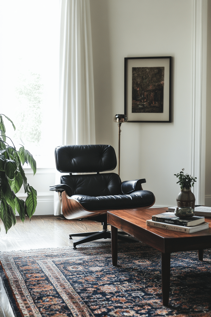 Ein Wohnzimmer mit einem schwarzen Ledersessel, Holztisch und Teppich im Vintage-Stil.