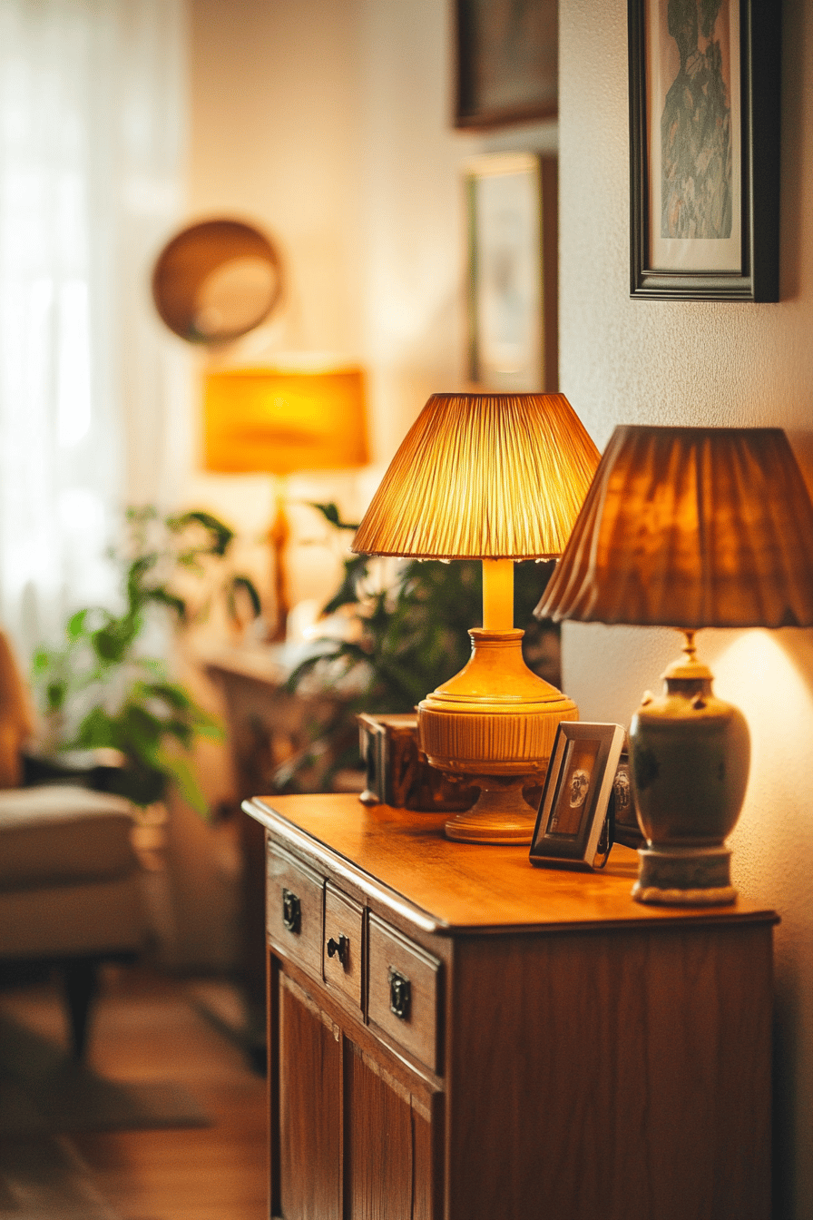 Eine gemütliche Zimmerecke mit zwei Vintage-Tischlampen auf einer Kommode.