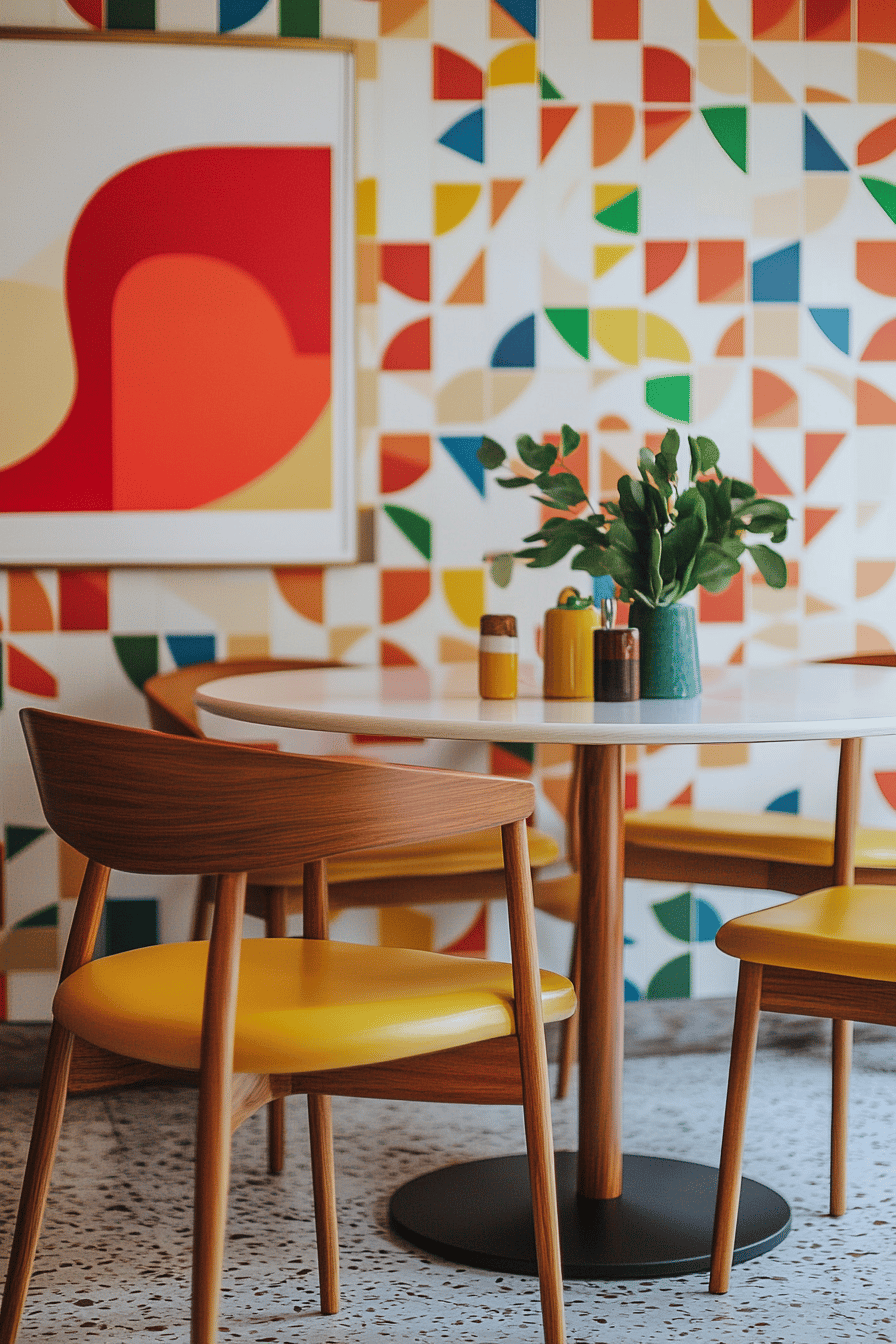 Esszimmer mit farbenfroher Retro-Tapete, Holztisch und gelben Stühlen.