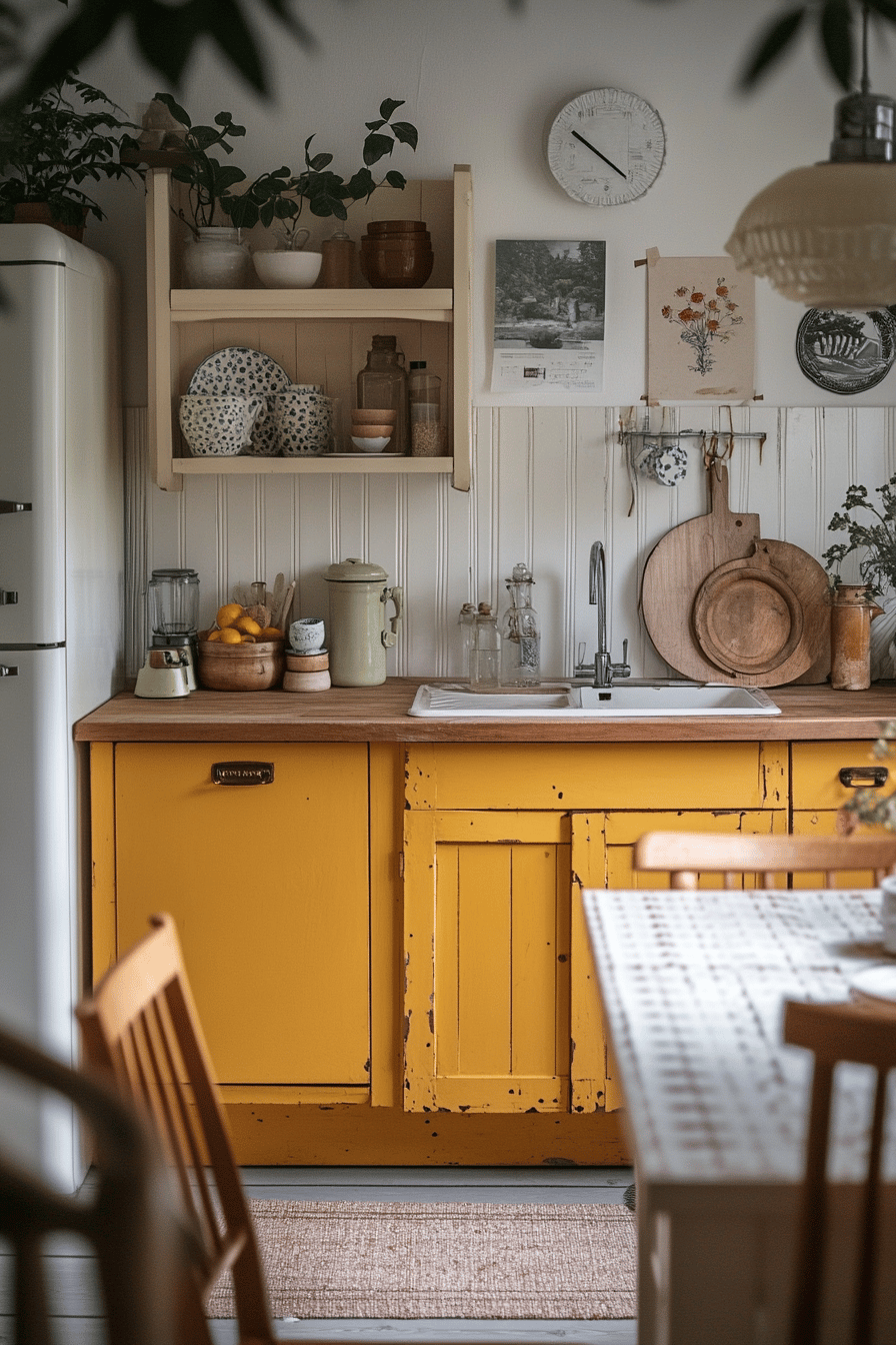 Eine Vintage-Küche mit gelben Schränken und Holzdetails.