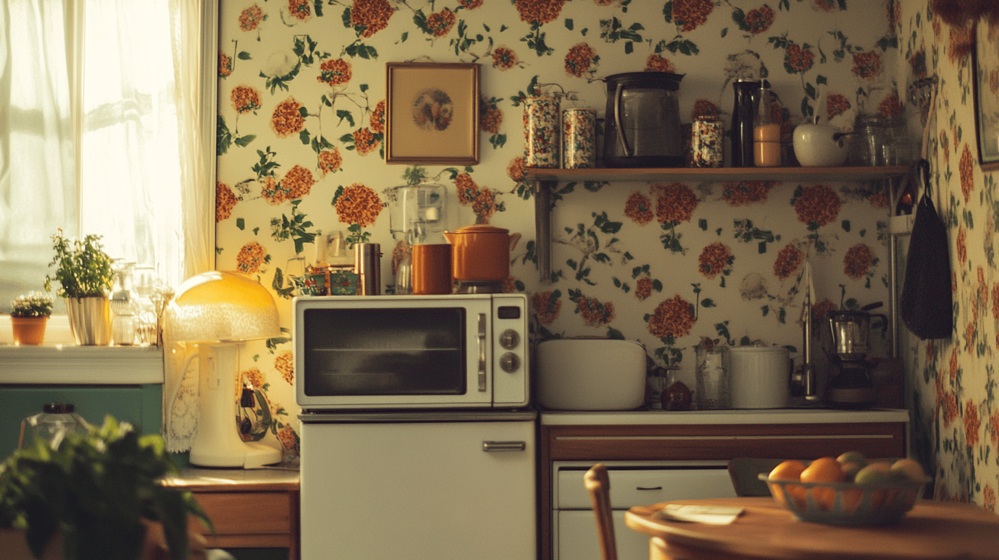 Retro-Küche mit Blumentapete und Vintage-Ofen