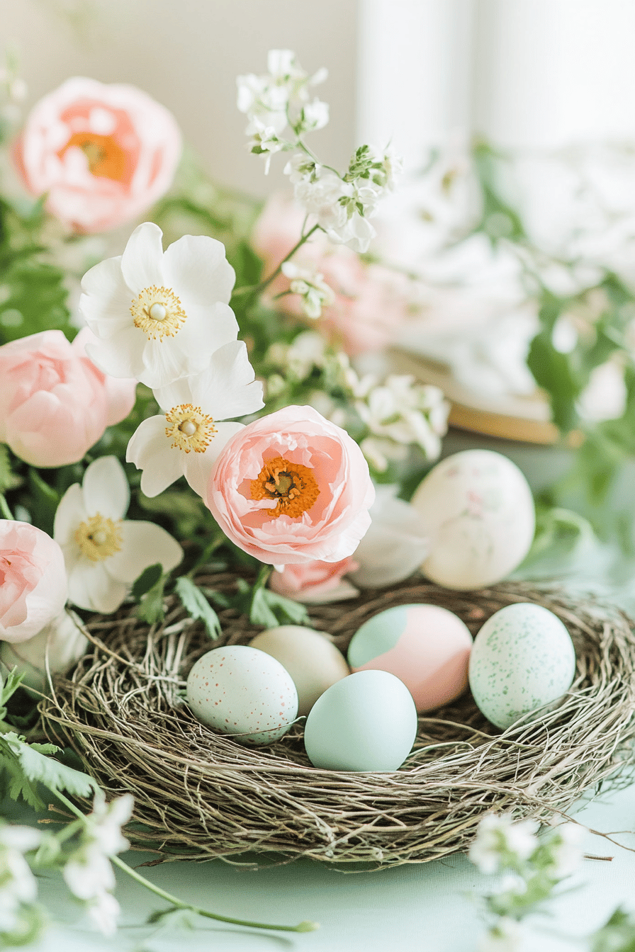 Ein Osternest im Vintage-Stil mit pastellfarbenen Eiern und dekorativen Blumen.