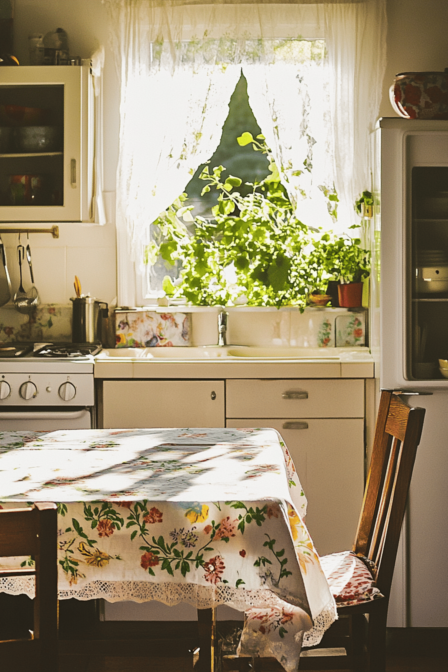 Eine sonnige Küche im Vintage-Stil mit floralem Tischdeckenmotiv und Pflanzen am Fenster.