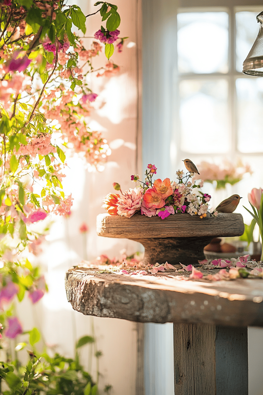Ein rustikales Vogelfutterhaus umgeben von frischen Blumen auf einem Holztisch.