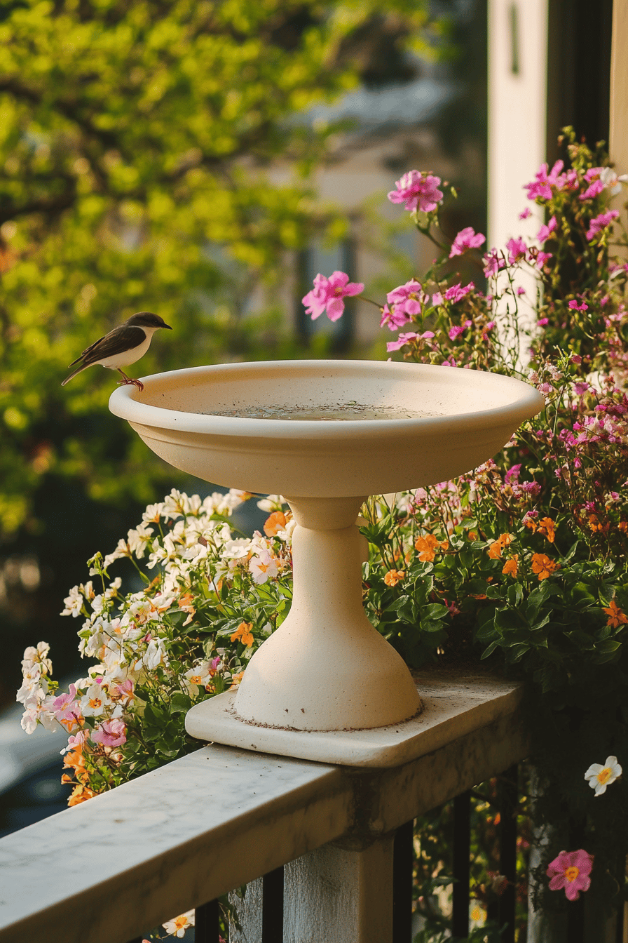 Ein Vogel steht auf einer Vogeltränke auf einem Balkon, umgeben von bunten Blumen.
