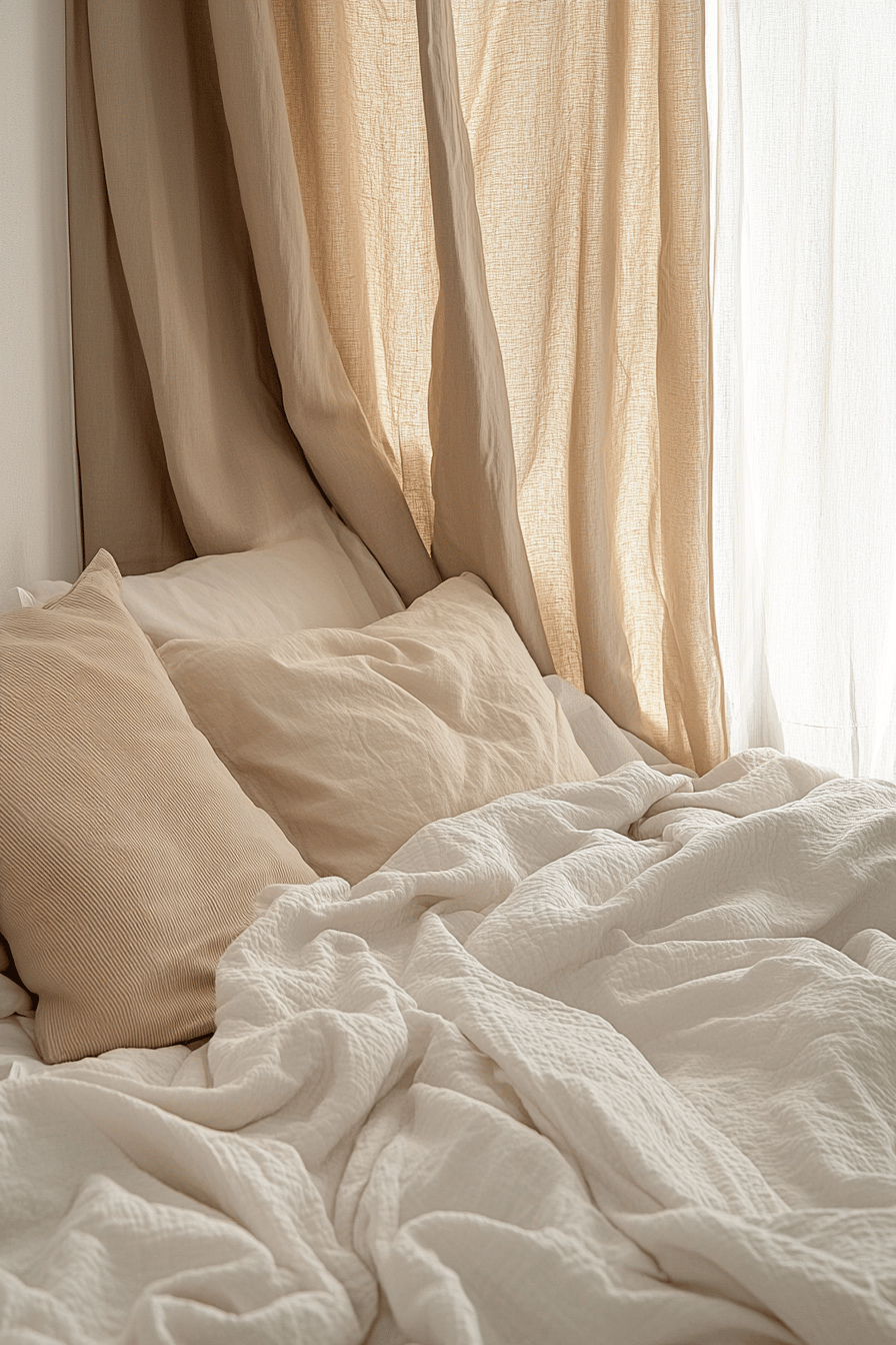 Gemütliches Bett mit weichen Kissen und hellen Vorhängen.