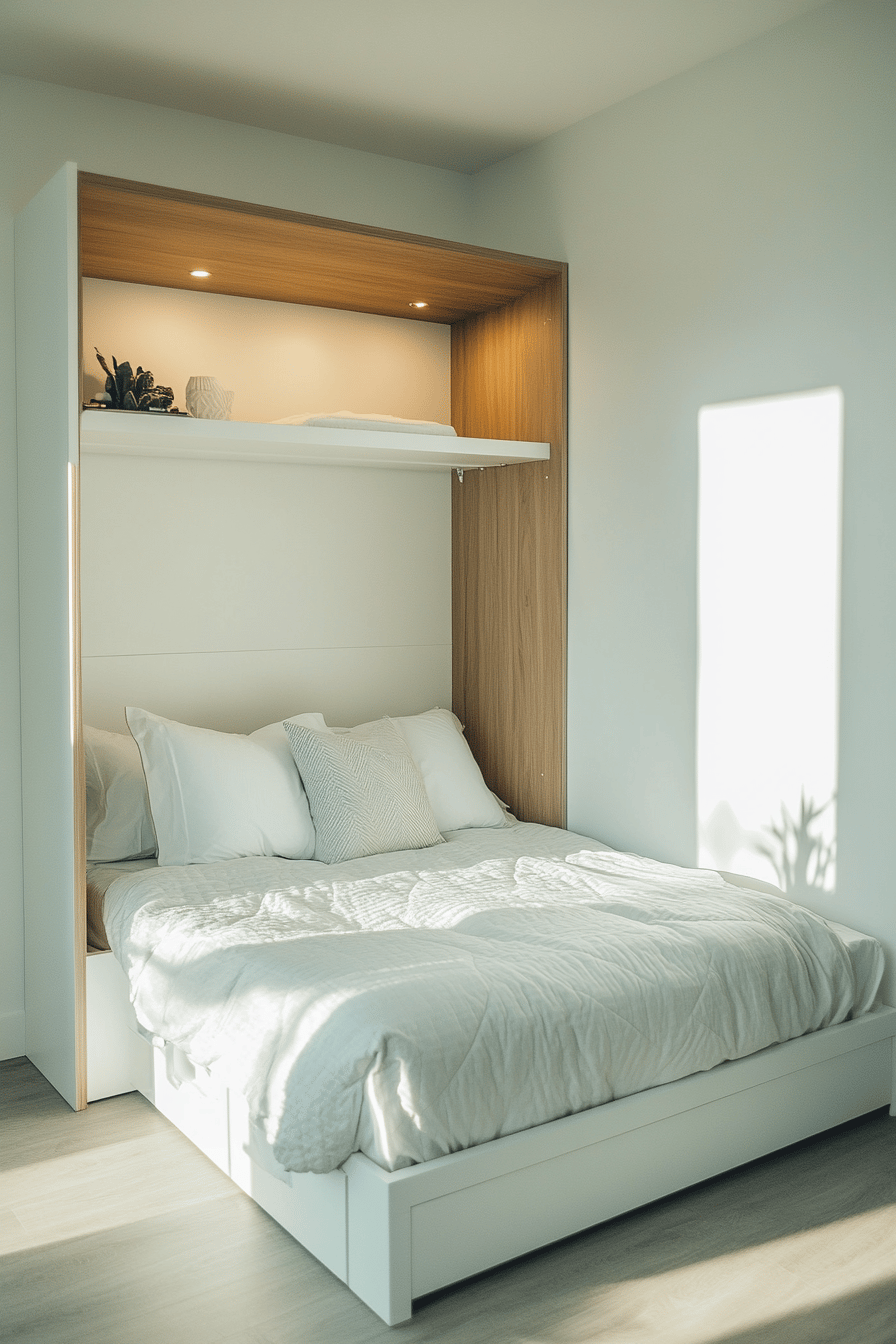 Ein hochmodernes Wandbett in einem kleinen, hellen Raum, mit integriertem Regal.