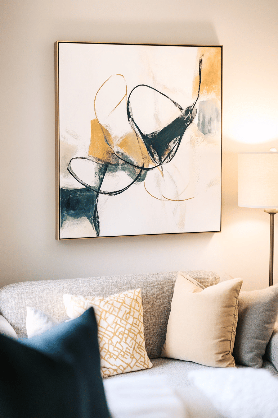 Moderne Kunst an einer wohnlichen Wand über einem Sofa mit Kissen.