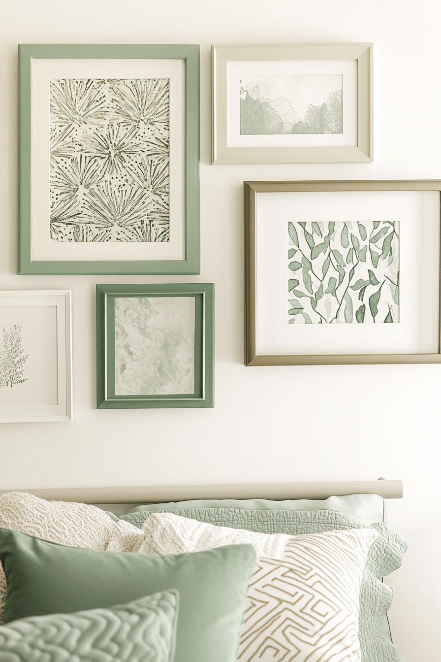 Salbeigrüne Wandkunst neben gemütlichen Kissen auf einem Bett.