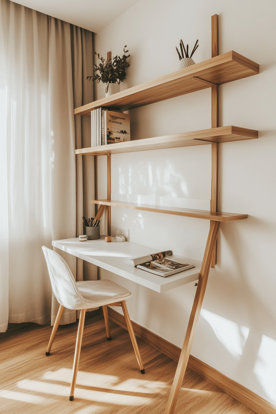 Moderne Wandregale und ein Schreibtisch in einem kleinen Schlafzimmer.