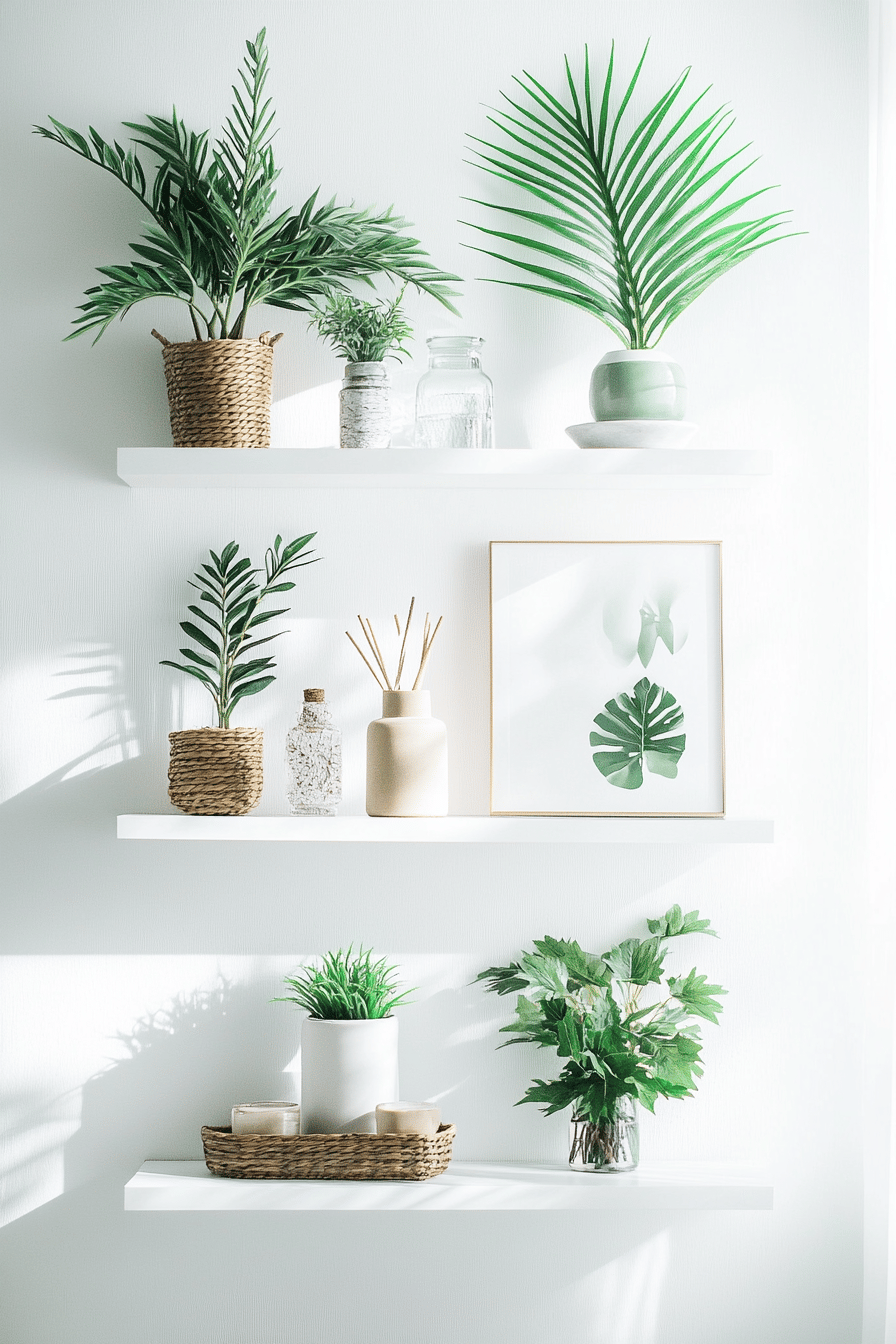 Weißes Wandregal mit Pflanzen und Dekorationen.