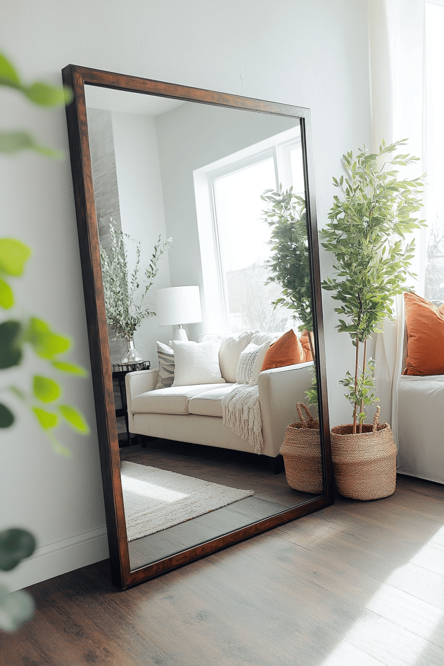 Ein moderner Wohnraum mit großem Wandspiegel, Pflanzen und gemütlichem Sofa.