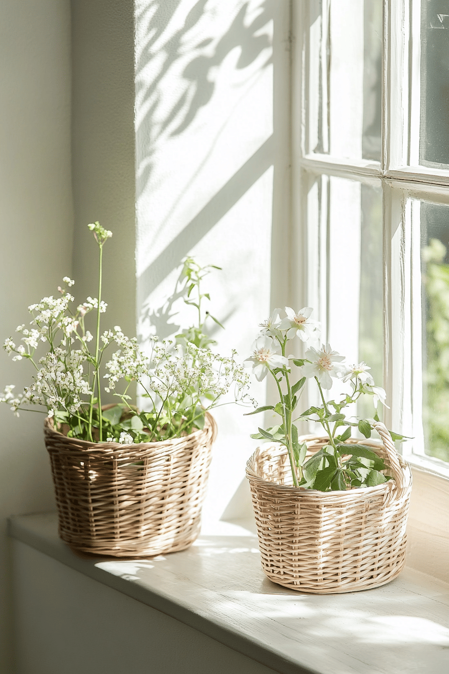 Zwei Weidenkörbe mit Blumen auf einer sonnigen Fensterbank.
