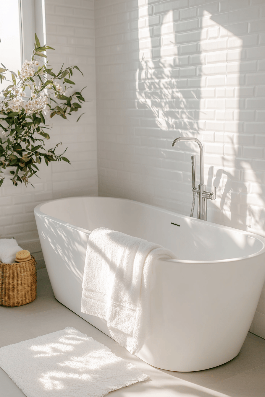 Modernes Badezimmer in Weiß mit freistehender Badewanne und natürlichem Licht.