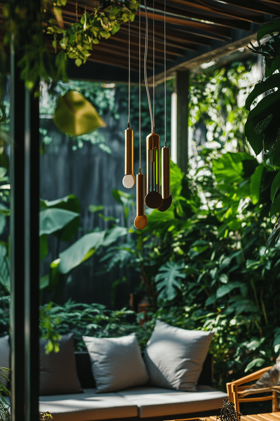 Elegante Windspiele hängen auf einer üppigen, begrünten Terrasse.