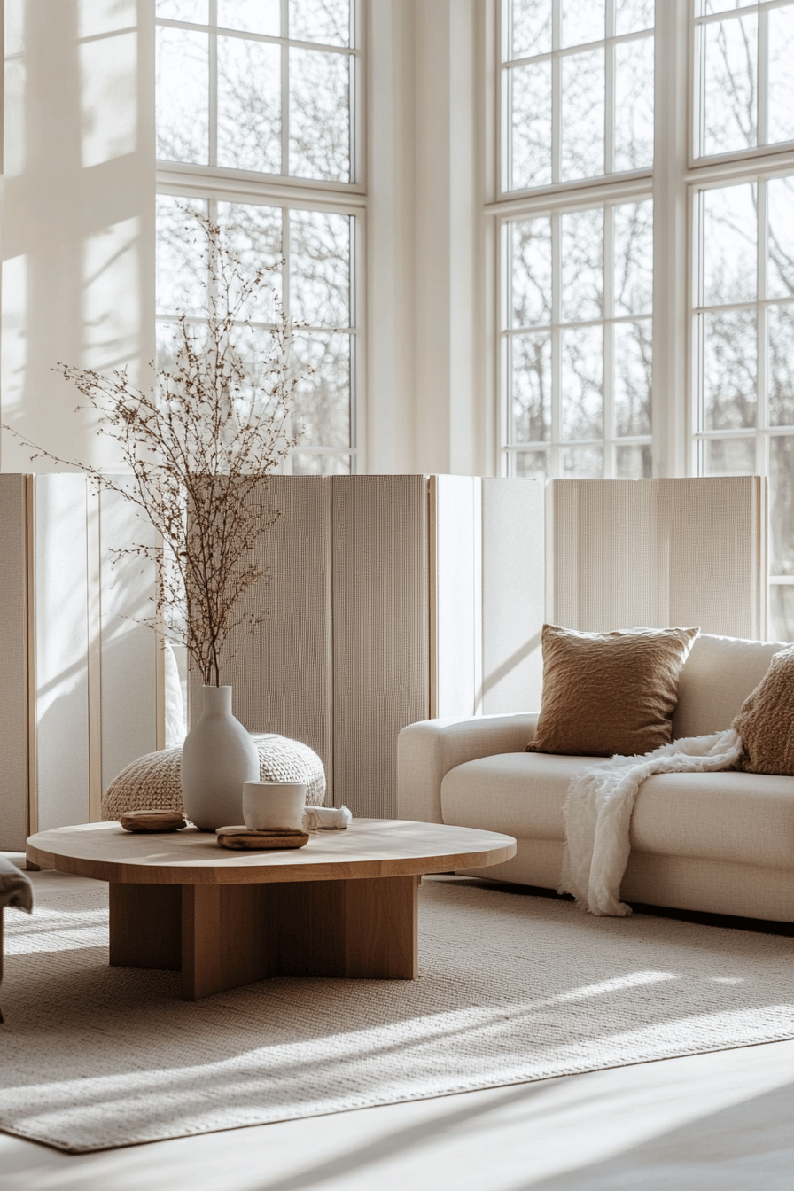 Helles Wohnzimmer mit Akustikpaneelen, einem beigen Sofa und einem runden Holztisch.