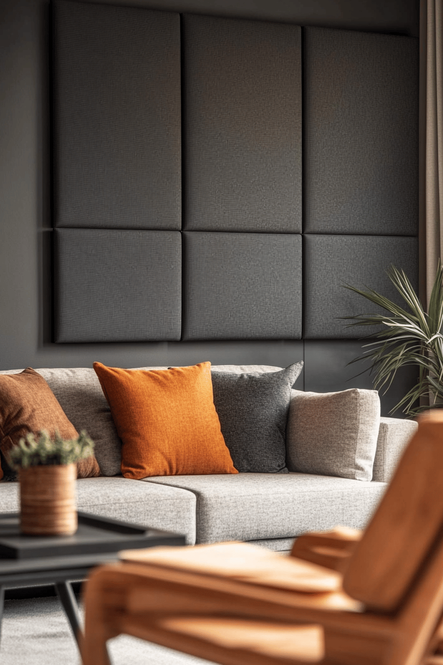 Ein modernes Wohnzimmer mit einem grauen Sofa, Akustikpaneelen an der Wand und bunten Kissen.