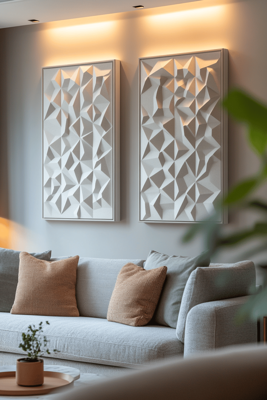 Wohnzimmer mit grauem Sofa und geometrischen Akustikpaneelen an der Wand.