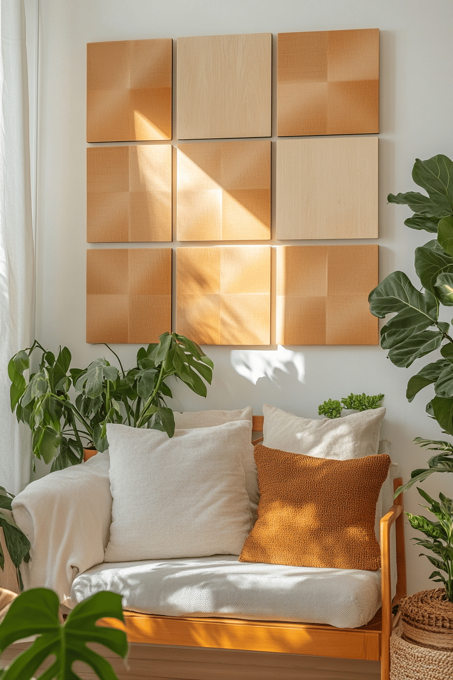 Holzfarbene Akustikpaneele über einer gemütlichen Couch in einem Wohnzimmer.