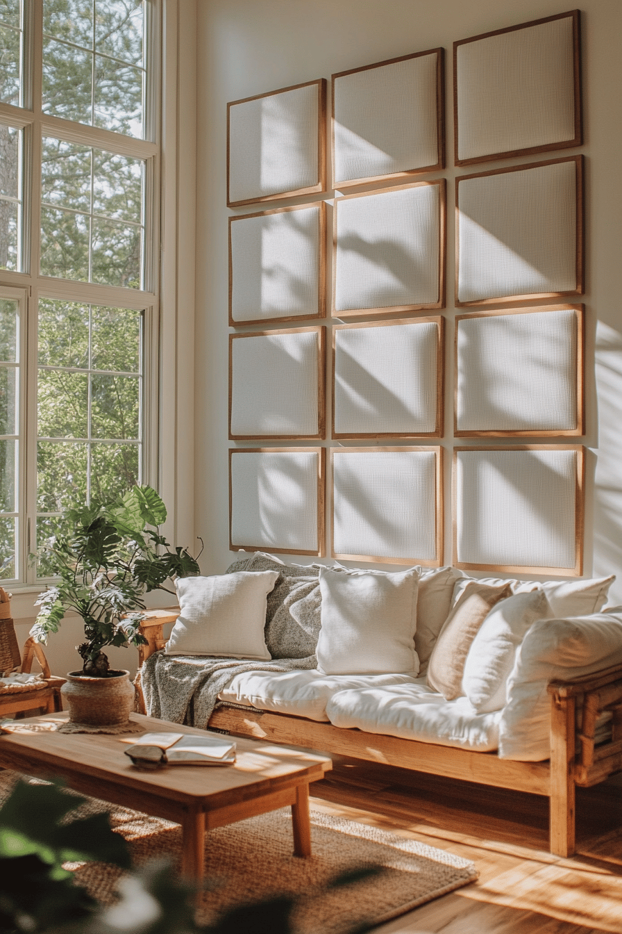 Ein Wohnzimmer mit Akustikpaneelen an der Wand, einem gemütlichen Sofa und Pflanzen.