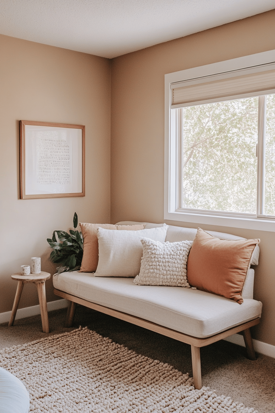 Kleines Wohnzimmer mit beiger Wandfarbe und hellen Möbeln.