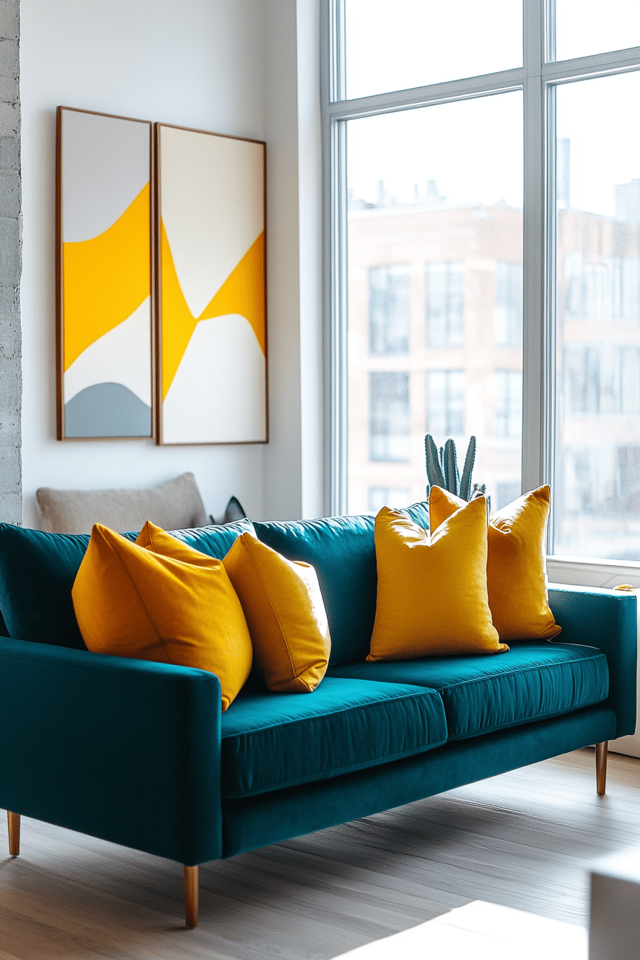 Gemütliches Wohnzimmer mit einem blauen Sofa und gelben Kissen vor Panoramafenstern.