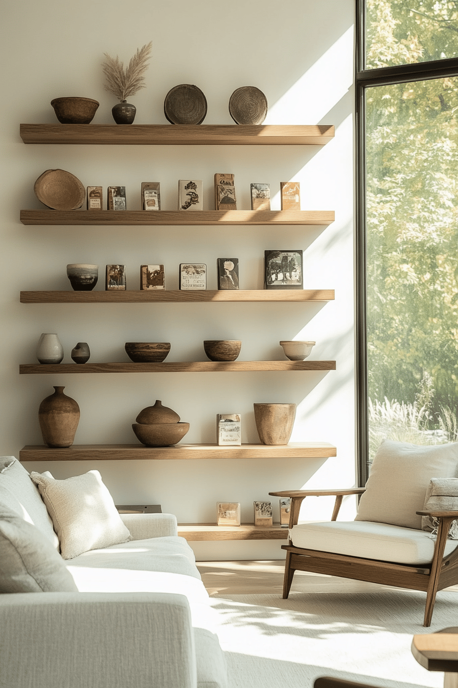 Modernes Wohnzimmer mit stilvoll dekorierten Holzregalen.