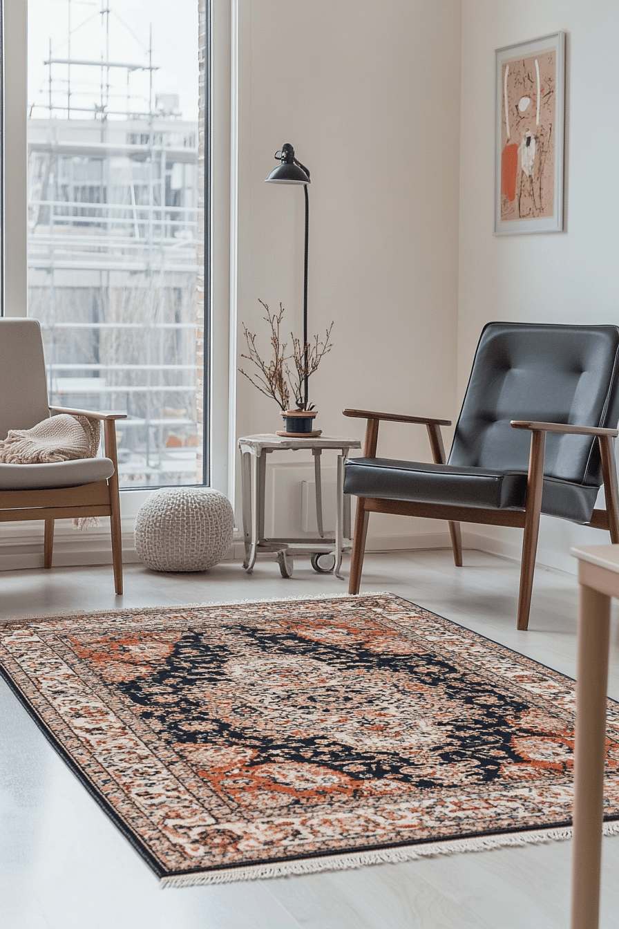 Modernes Wohnzimmer mit einem gemusterten Teppich, zwei Sesseln und einem Beistelltisch.