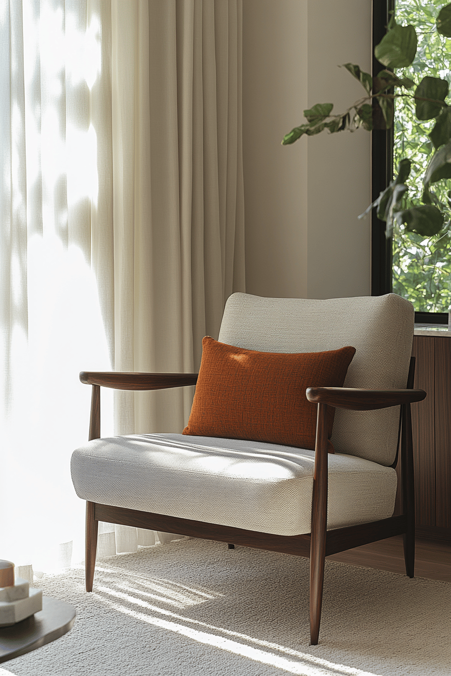 Ein stilvolles Wohnzimmer mit einem Vintage-Sessel und orangefarbenem Kissen.
