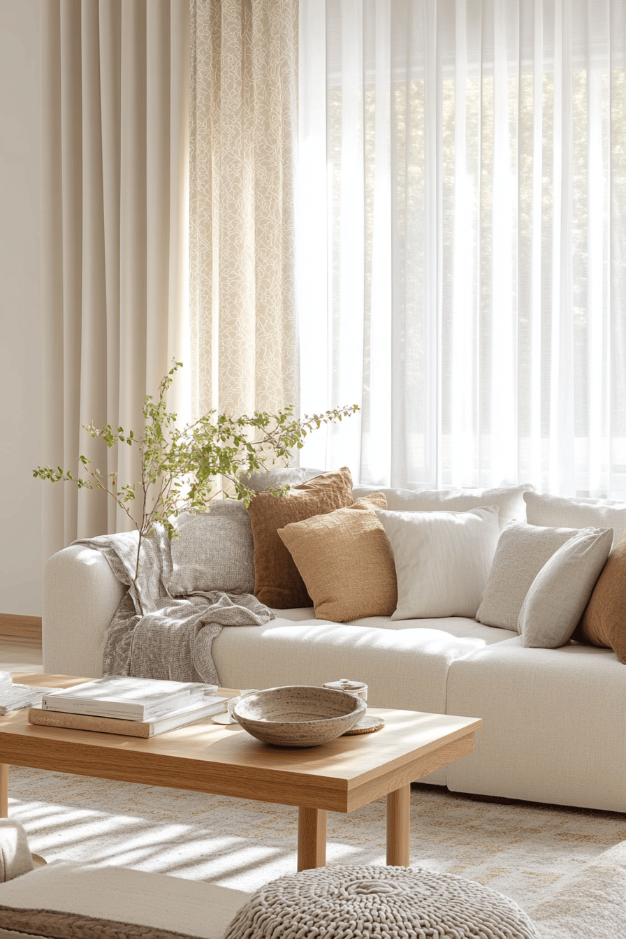 Ein modernes Wohnzimmer mit harmonisch abgestimmten Vorhängen und Stoffen in Erdtönen.