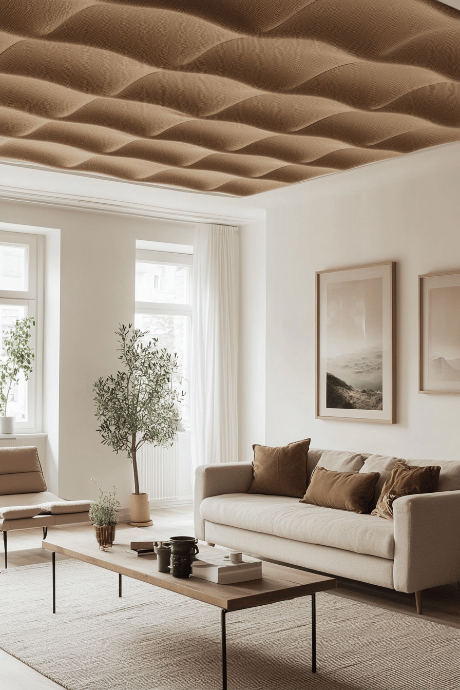 Modernes Wohnzimmer mit wellenförmigen Akustikpaneelen an der Decke.