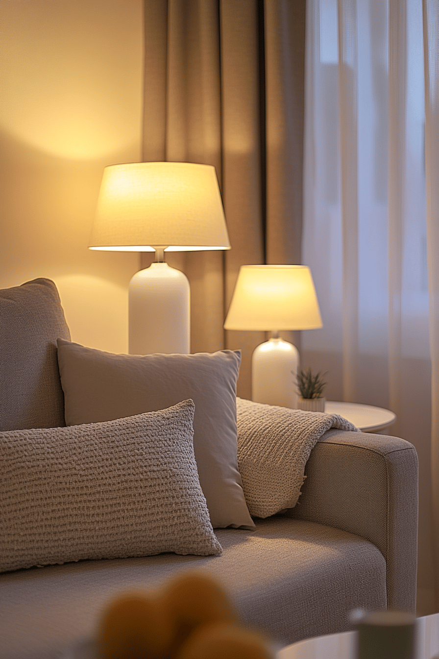 Ein kleines Wohnzimmer mit stimmungsvoller Beleuchtung und gemütlichen Kissen.