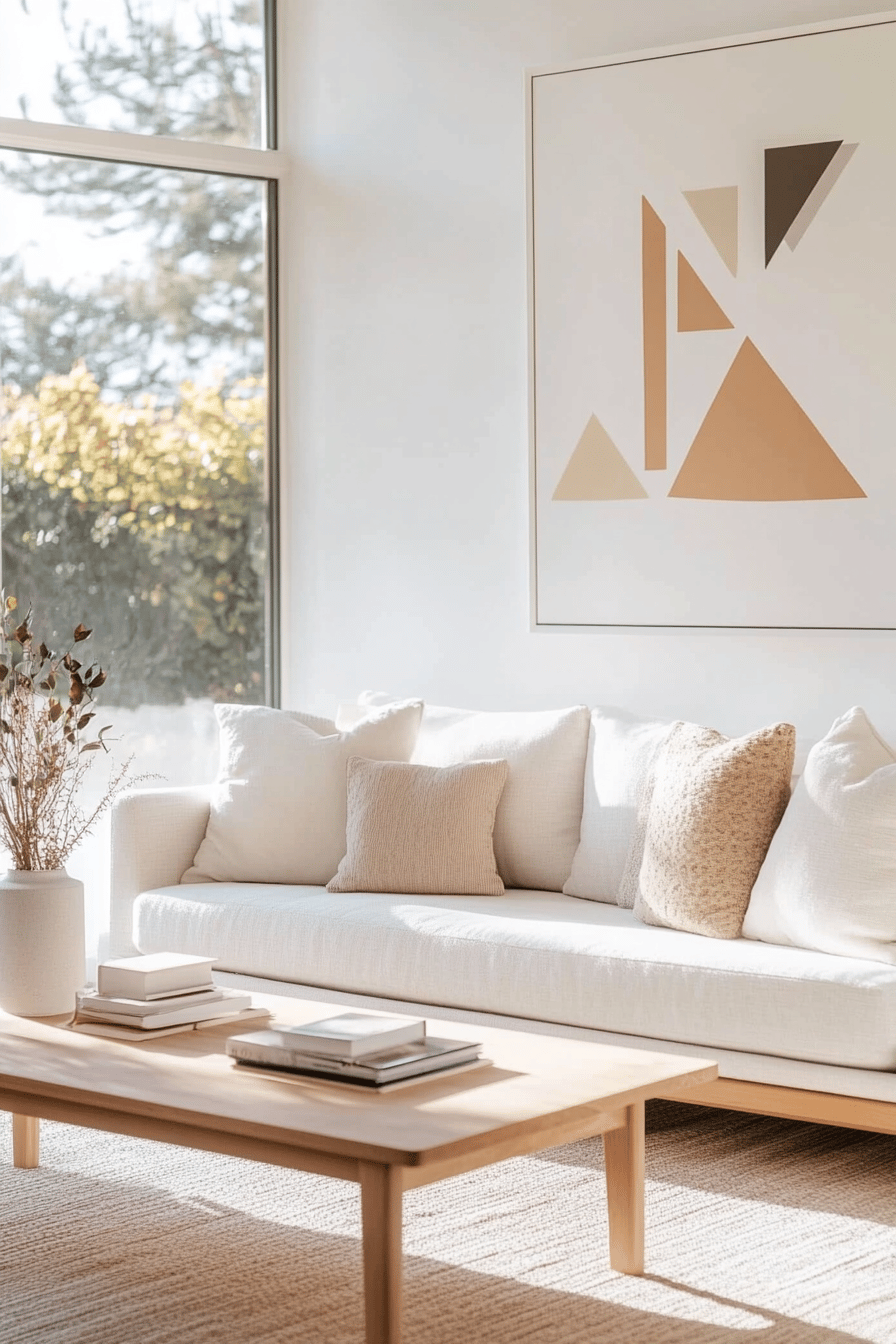 Modernes, skandinavisch inspiriertes Wohnzimmer mit hellem Sofa, Holztisch und minimalistischem Wandbild.
