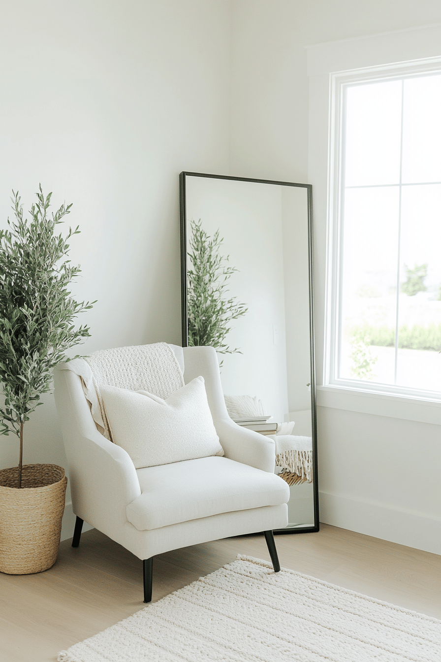 Ein stilvoll eingerichtetes Wohnzimmer mit Spiegel, Sessel und Pflanze.