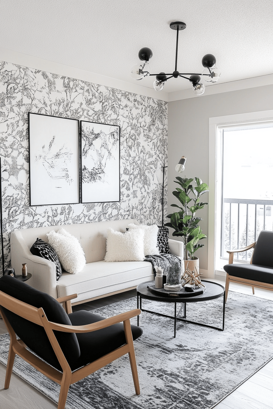 Modernes Wohnzimmer mit schwarz-weißer Tapetenakzentwand und stilvollen Möbeln.