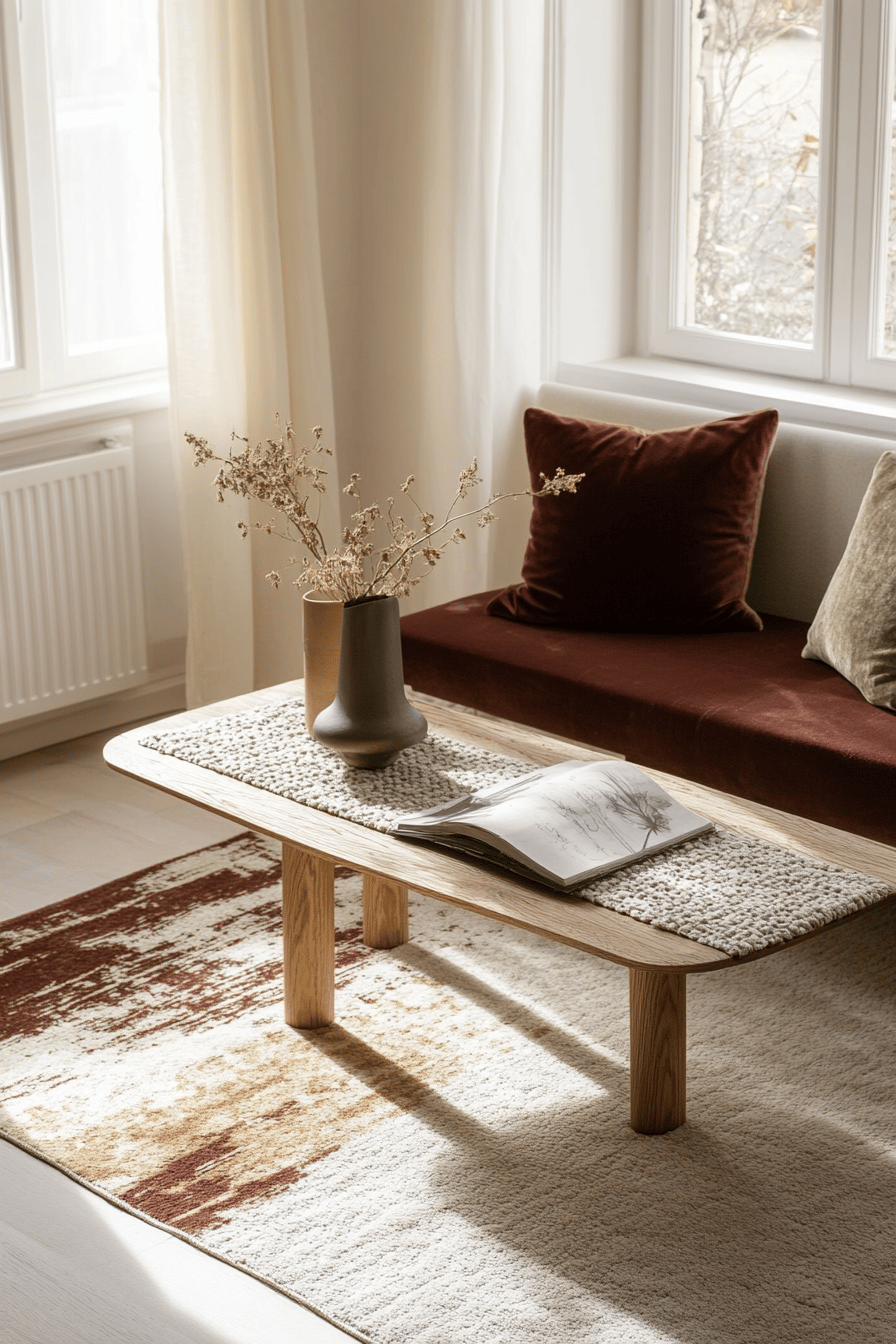 Ein geschmackvoll eingerichtetes Wohnzimmer mit einem Holztisch, gedeckten Farben und Textilien.