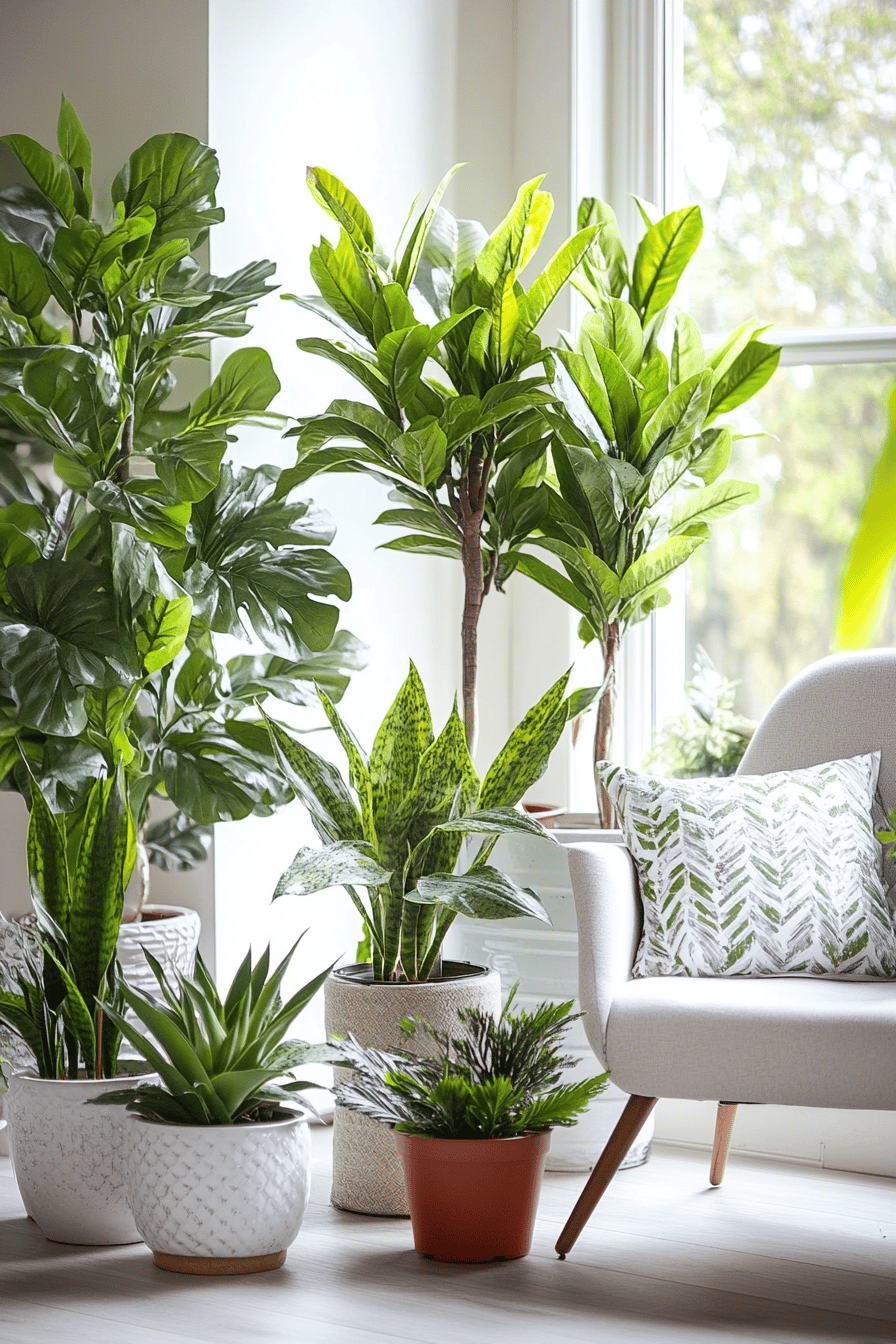 Modernes Wohnzimmer mit grünen Zimmerpflanzen als Dekoration.