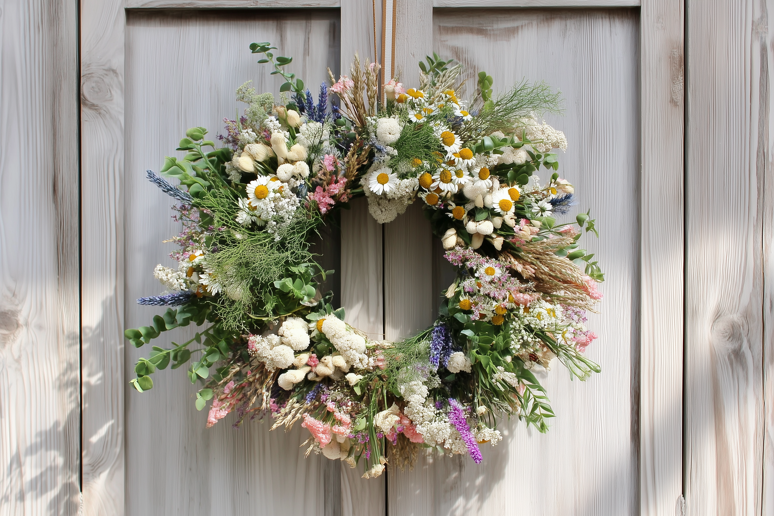 Blumenkranz an Holztür hängend
