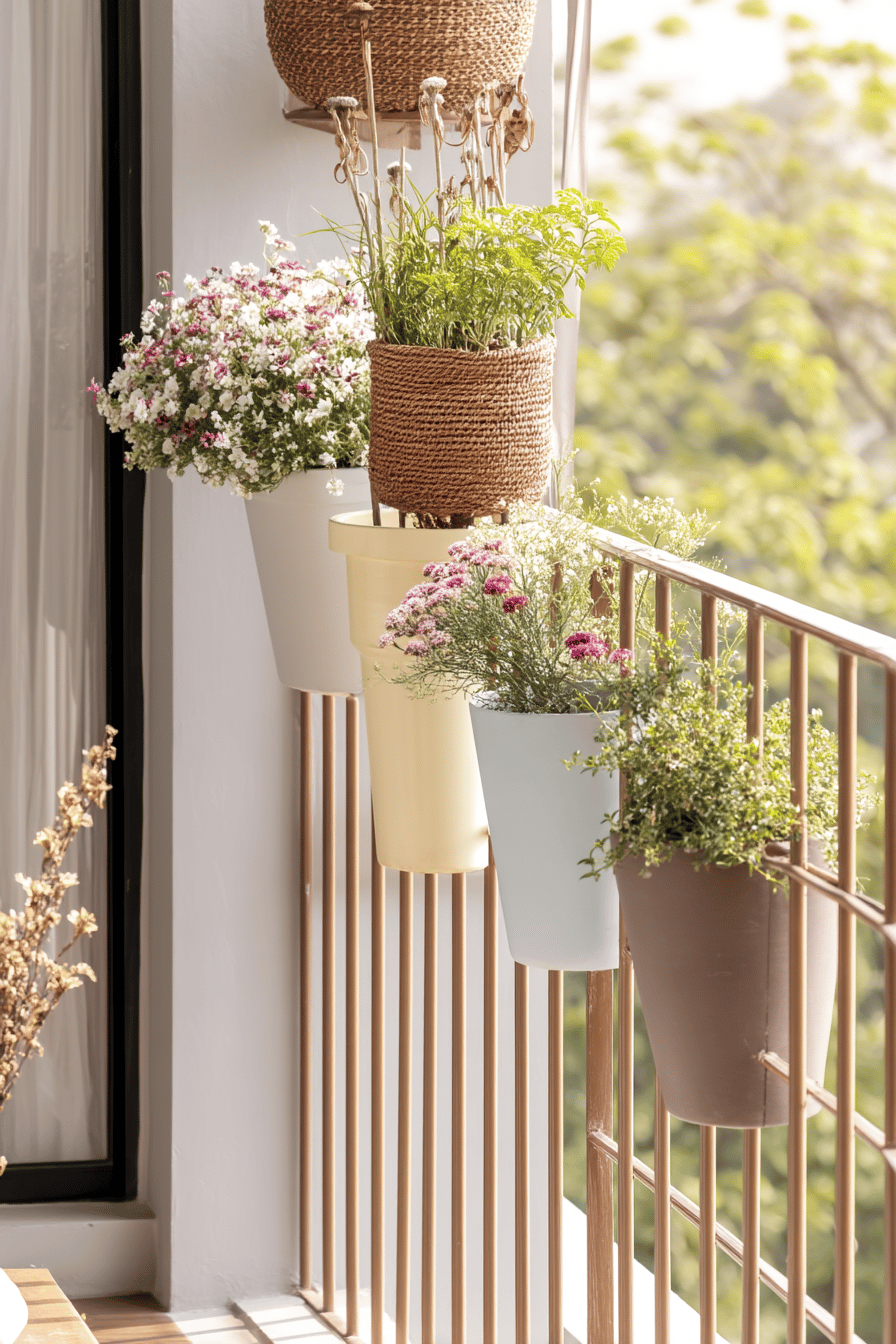 Blumen- und Kräuterkästen am Geländer eines Balkons, gefüllt mit bunten Pflanzen.