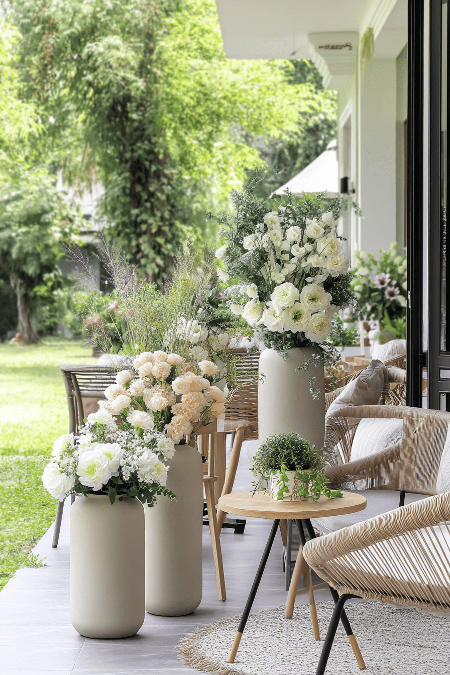 Große Vasen mit frischen Blumen auf einer Terrasse.