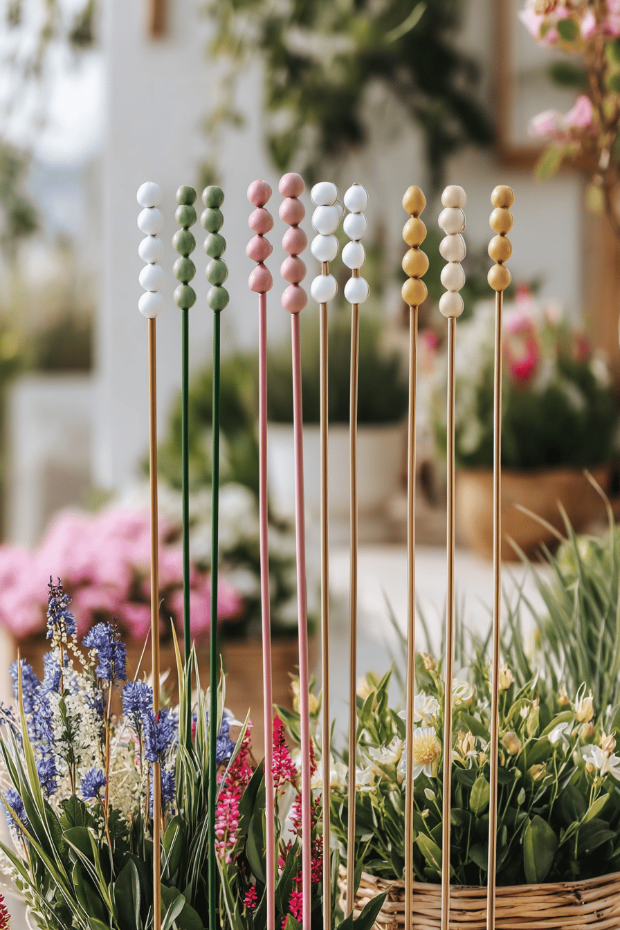 Beetstecker in verschiedenen Farben vor blühenden Frühlingsblumen.