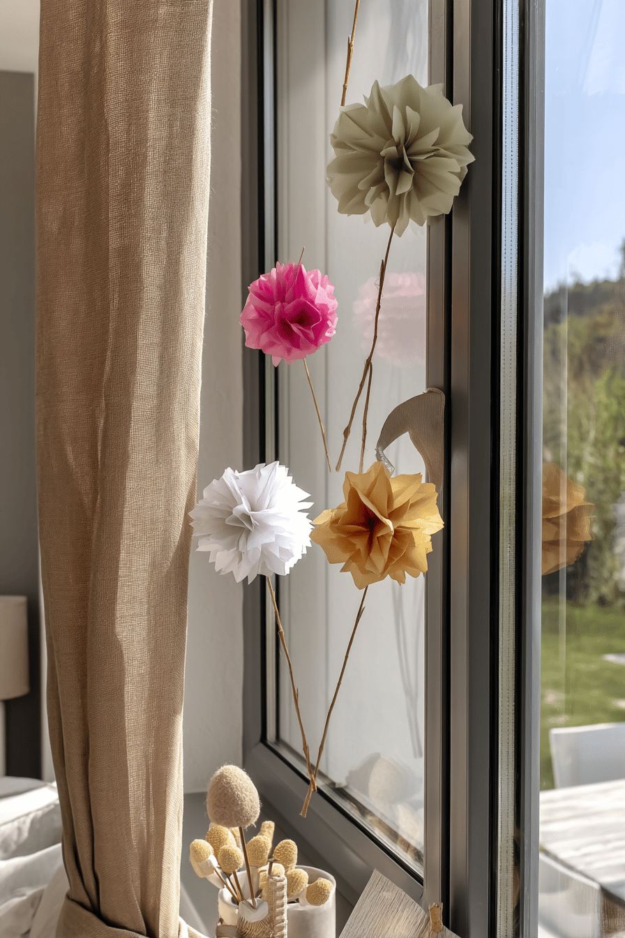 Fenster mit bunten, gefalteten Papierblumen in verschiedenen Farben.
