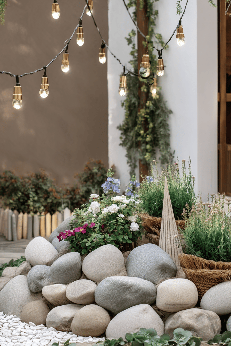 Dekorative Steinanordnung mit Blumen und Lichterkette im Garten.