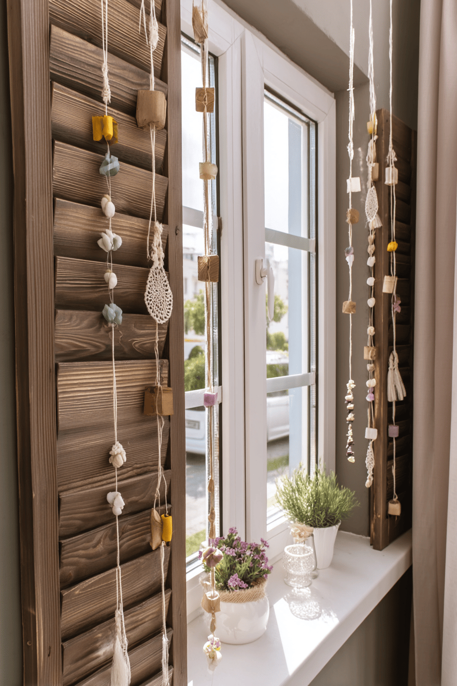 Ein Fenster mit hölzernem Dekor und hängenden Elementen aus Seilen, Muscheln und Stoffen.