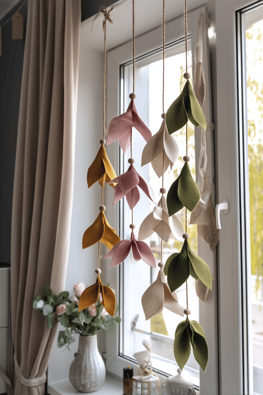 Fensterbehang aus bunten Filzblumen in verschiedenen Farben, die an Strängen hängen.