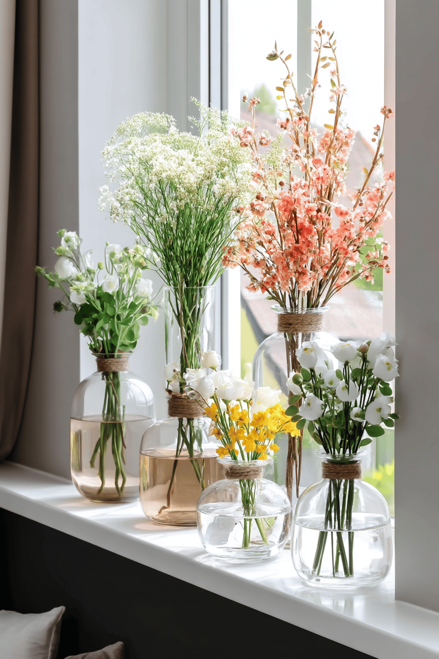 Verschiedene farbenfrohe Frühlingsblumen in Glasvasen auf einem Fensterbrett.