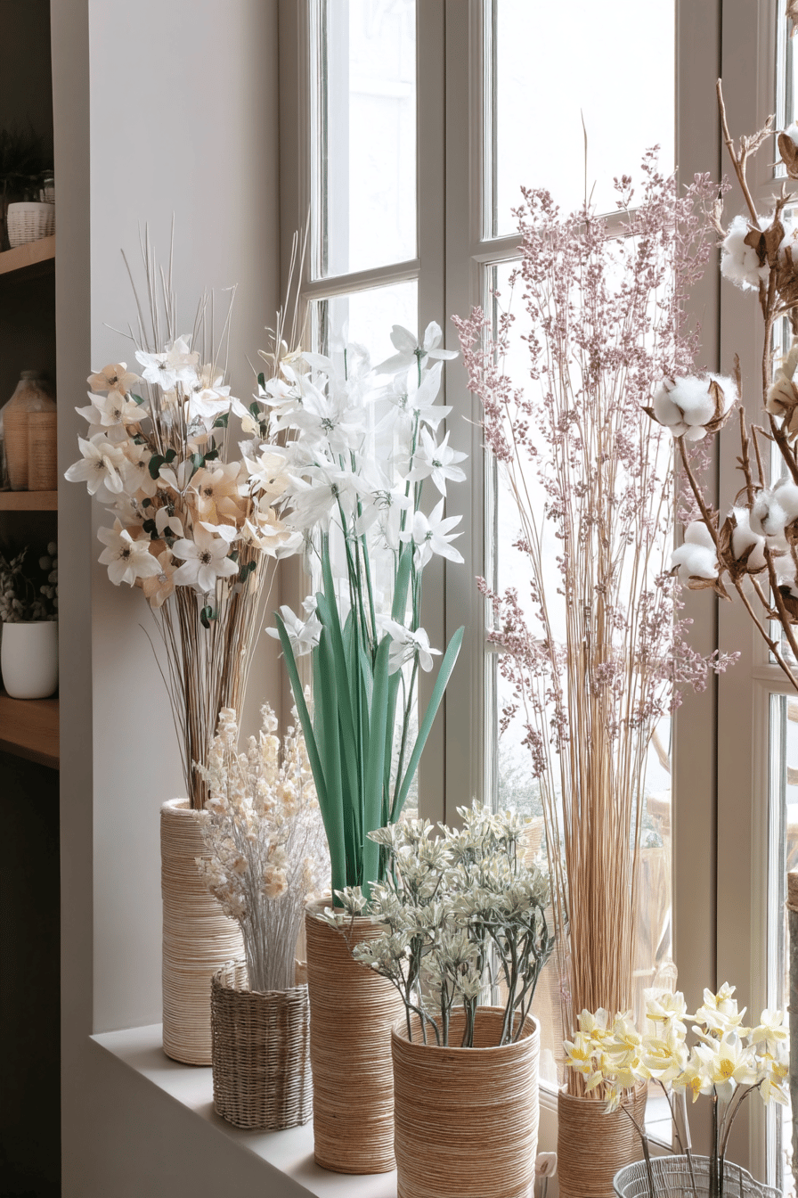 Künstliche Blumenarrangements in Vasen auf einer Fensterbank.